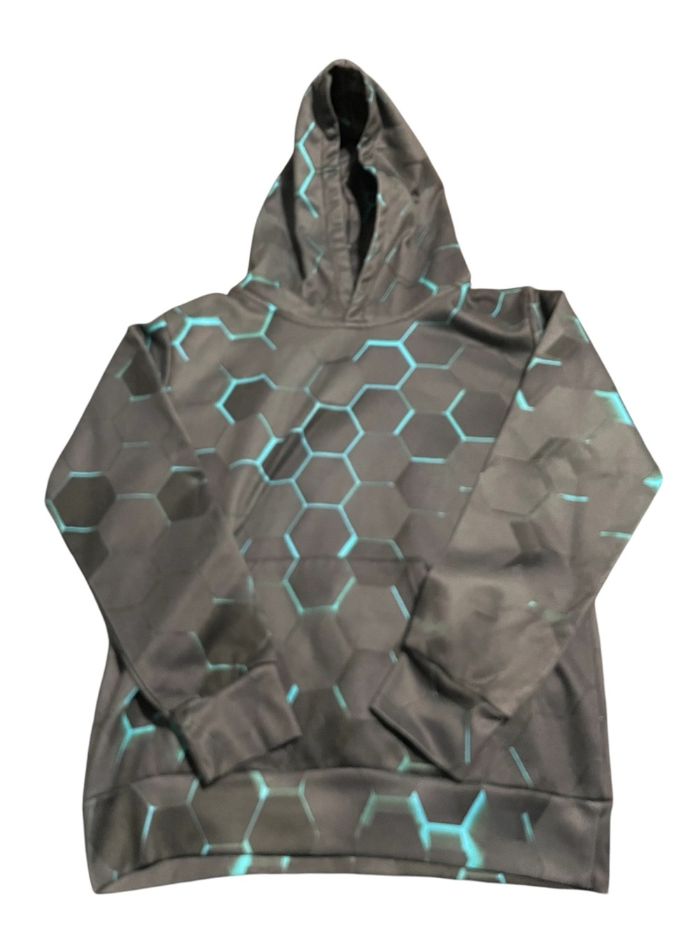 Kids Size XL Hex-Pattern Hoodie Jacket - Black & Teal